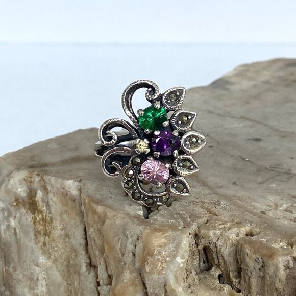 Sterling Silver 925 Multi Colored CZ Marcasite Floral Flower Cluster Ring Sz 8 - Picture 5 of 16